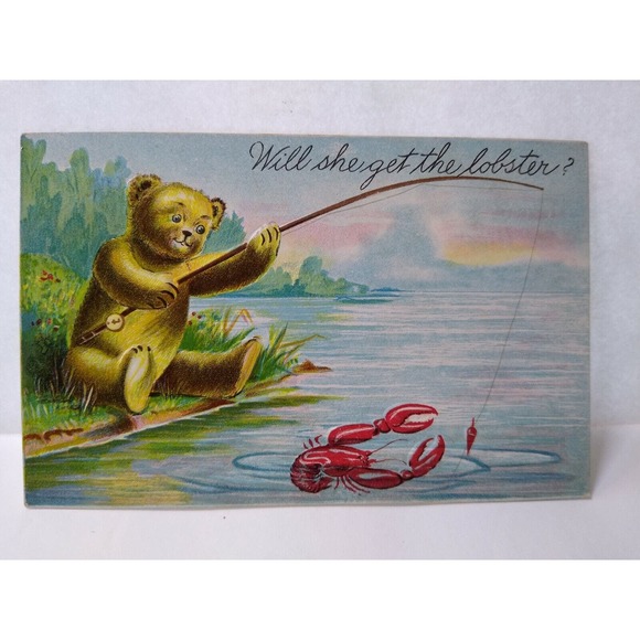 Will She Get The Lobster Brown Bear Fishing Fantasy Postcard Original Antique - Picture 2 of 3